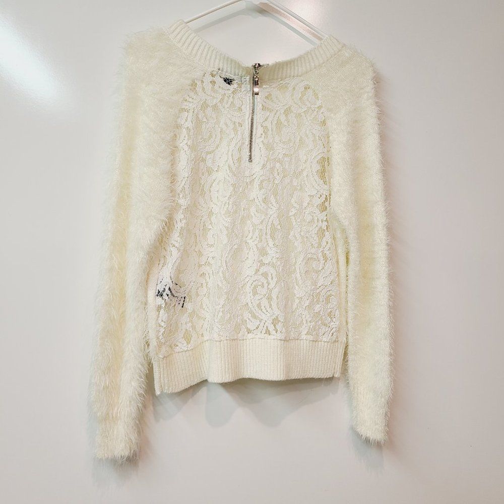 XOXO Sweater Lace Back Cream Fuzzy Soft Striped Womens Small - Picture 2 of 8